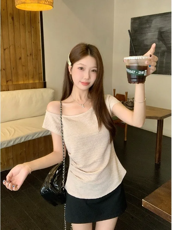 

plus Size Casual Pure Desire Shoulder Bared Short Sleeve T Shirt Summer New Style Slimming Versatile Design Unique Personalit...
