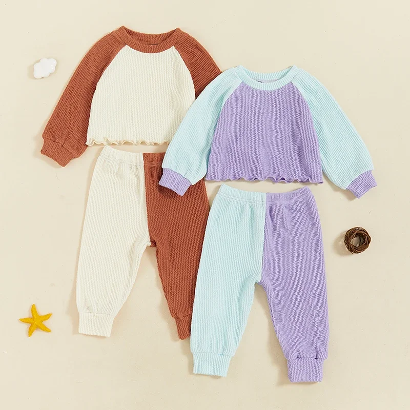 

Kids Baby Girls Clothing Contrast Color Lettuce Trim Long Sleeve Round Neck Tops Long Pants Sets Outfits