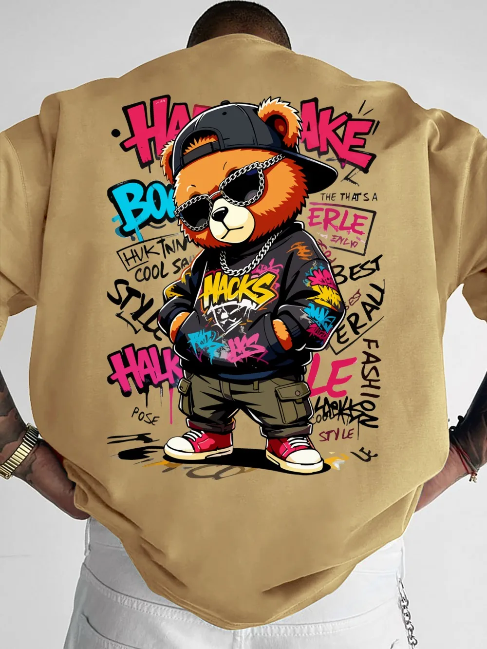 European and American Men's Summer Teddy Bear Graffiti Print Comfortable and Breathable Round Neck T-Shirt Outdoor Street Top image 3