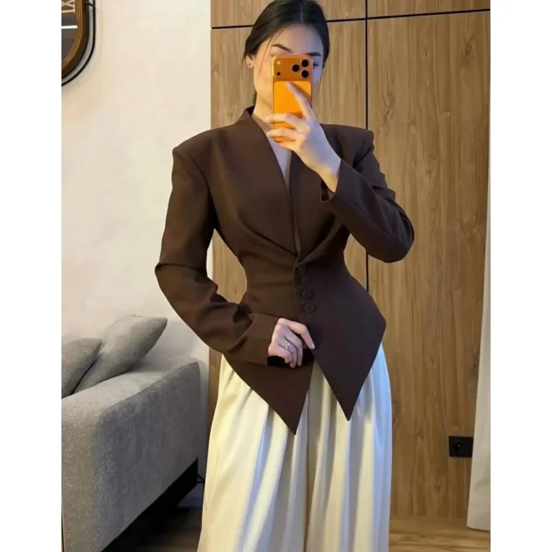 

Chic Pleated Waist Cinched Women's Jacket V Neck Single Breasted Lace Up Blazer Coat Lady 2026 Casual Slim Commute Outerwears