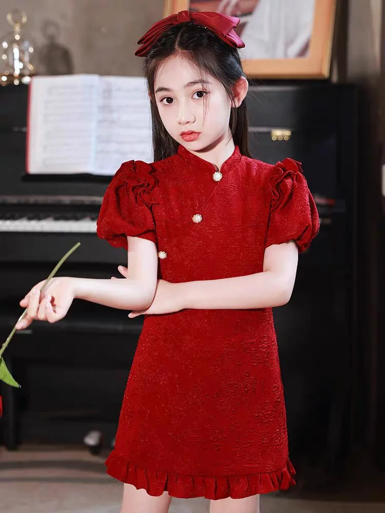 2026 summer Kids Girls chinese puff sleeve red Cheongsam Qipao Princess Teenager New Year Dress Clothing 4 7 8 9 10 12 14 Years