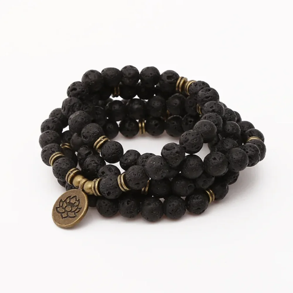 108 Beads 8 mm Lava Rock Stone Buddha Lotus Mala Bracelet for Women Men Strand Charm Bracelet or Necklace Fashion Jewelry