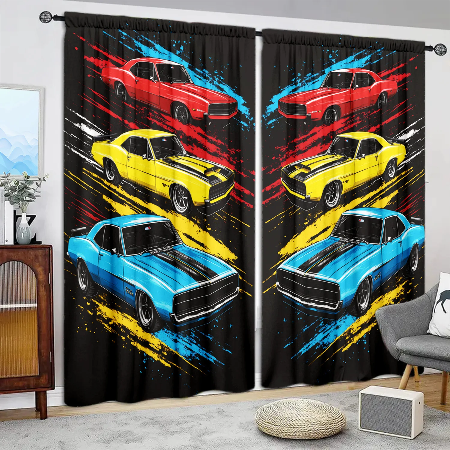 Classic Muscle Car Curtain, Vintage Sports Auto Print Drape, Racing Theme Window Treatment for Boys Bedroom Living Room Decor