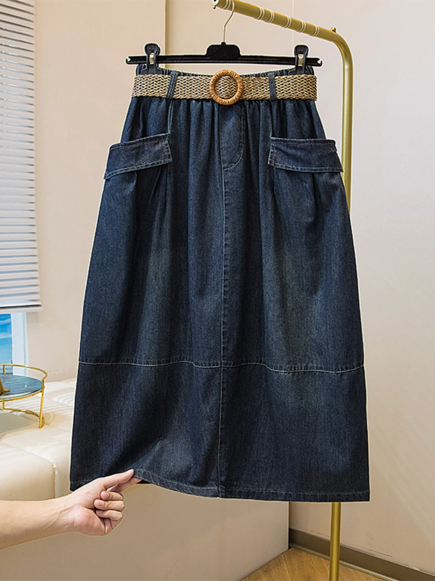 High Waist Denim Skirt with Belt Retro Style Women's Summer plus Size Conceals Hips A-Line Skirt Korean Style Polyester Fiber