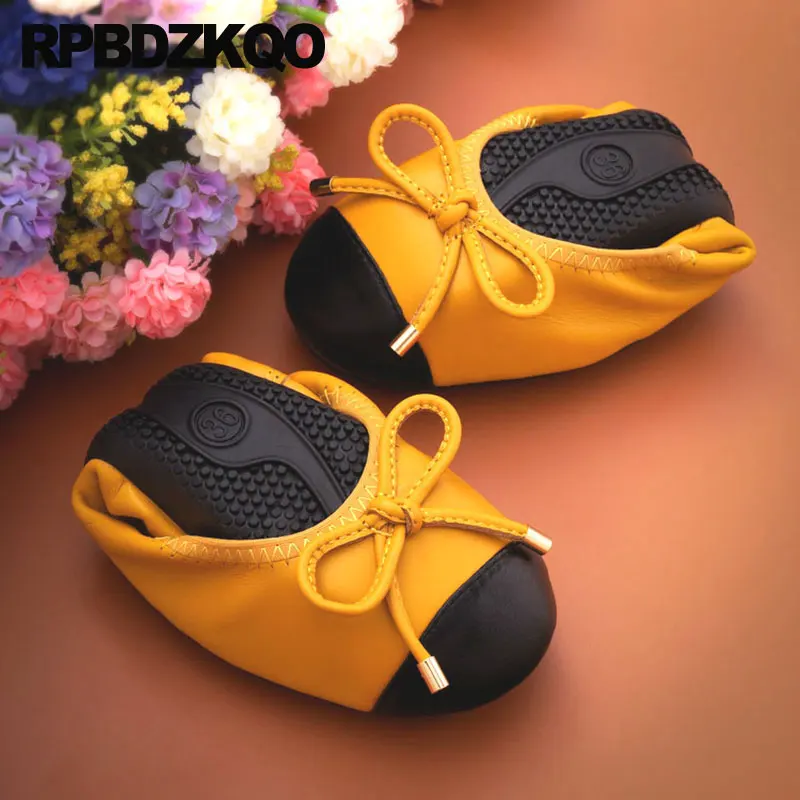 Genuine Leather Round Toe Foldable Ballet Flat Bowtie Ballerina Women Plus Large Size 11 10 43 Korean Shoes Bow Roll Up Elderly