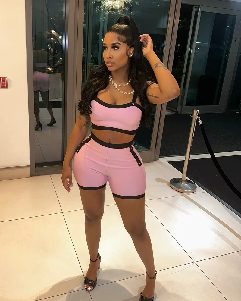 

STYLISH LADY Sports 2 Piece Set Women Spaghetti Strap Crop Top and Shorts Suits 2025 Summer Sexy Club Party Patchwork Outfits