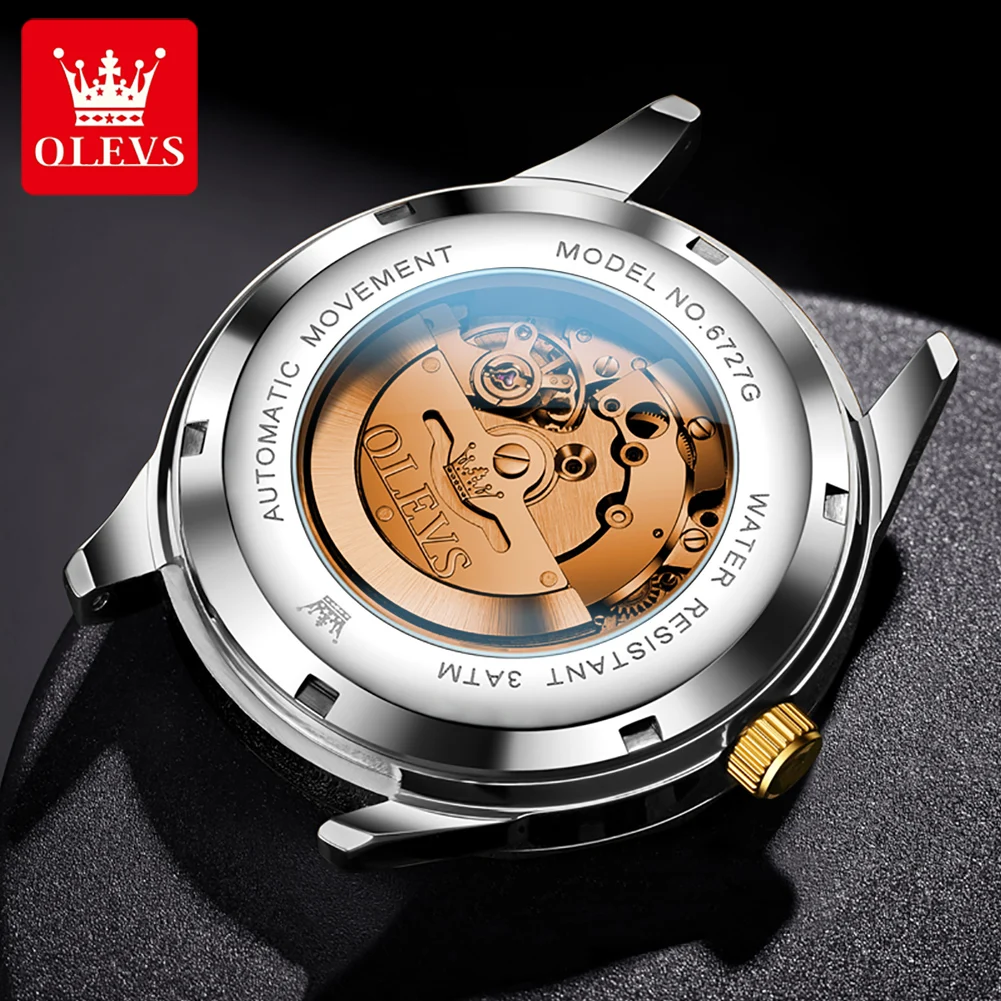 OLEVS 6727 Herenhorloge Automatisch mechanisch horloge Multifunctioneel Datum Week Maan Zakelijk horloge voor heren Waterdichte lichtgevende doos