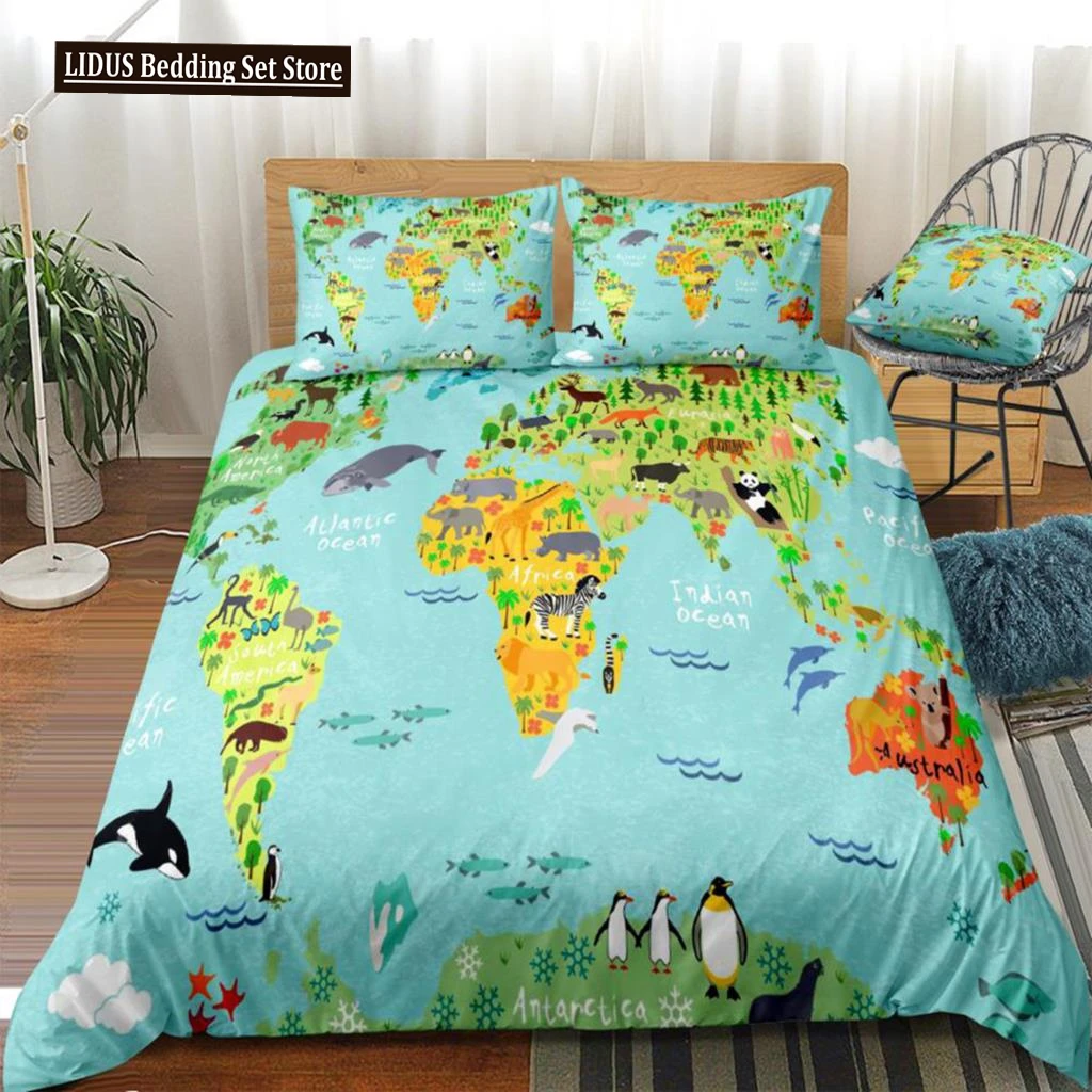 Cartoon Map Duvet Cover Set Map With Animals Sightseeing Attraction Bedding Boys Girls Animal Map Quilt Cover King Dropship