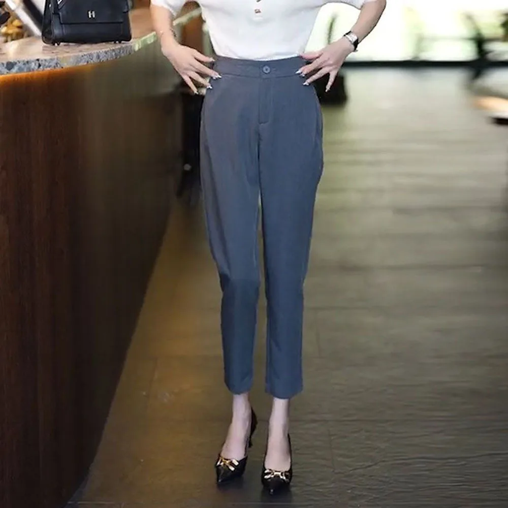 Spring Summer Commuting Pants For Women Simple Solid Color Fashion Casual High Waist Trousers Button Straight Crop Suit Pants