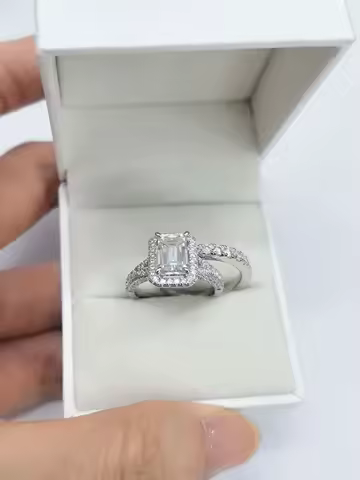 Newshe Emerald Cut Moissanite Wedding Rings Set for Women 2pcs 925 Sterling Silver Halo Engagement Bridal Ring