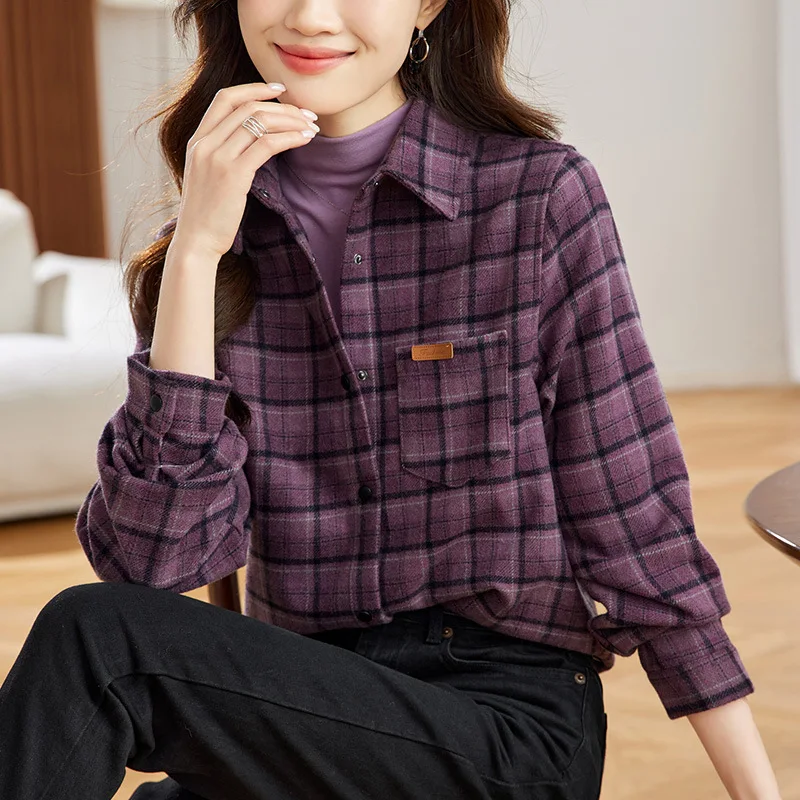 

Thiened Woolen Plaid irt Women's Autumn Faion Korean Sle Retro Loose Casual Versatile irt for Women Commute Sle