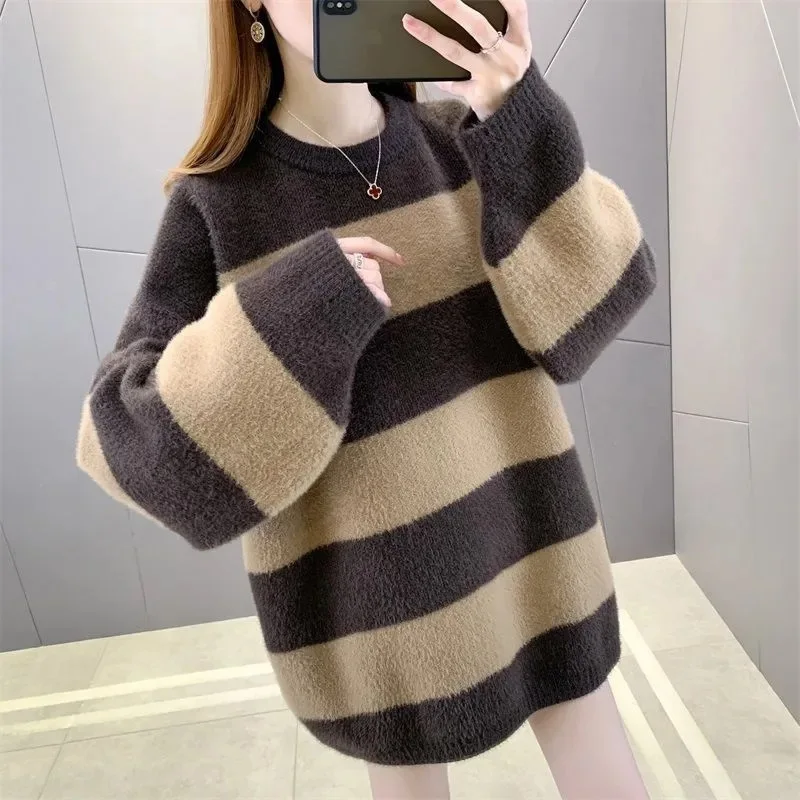 Fashion Striped Long Sleeve Knitwear Tops Female Spring Autumn Pulls Femmes Jumper Loose Cashmere Women's Pullovers Sweater