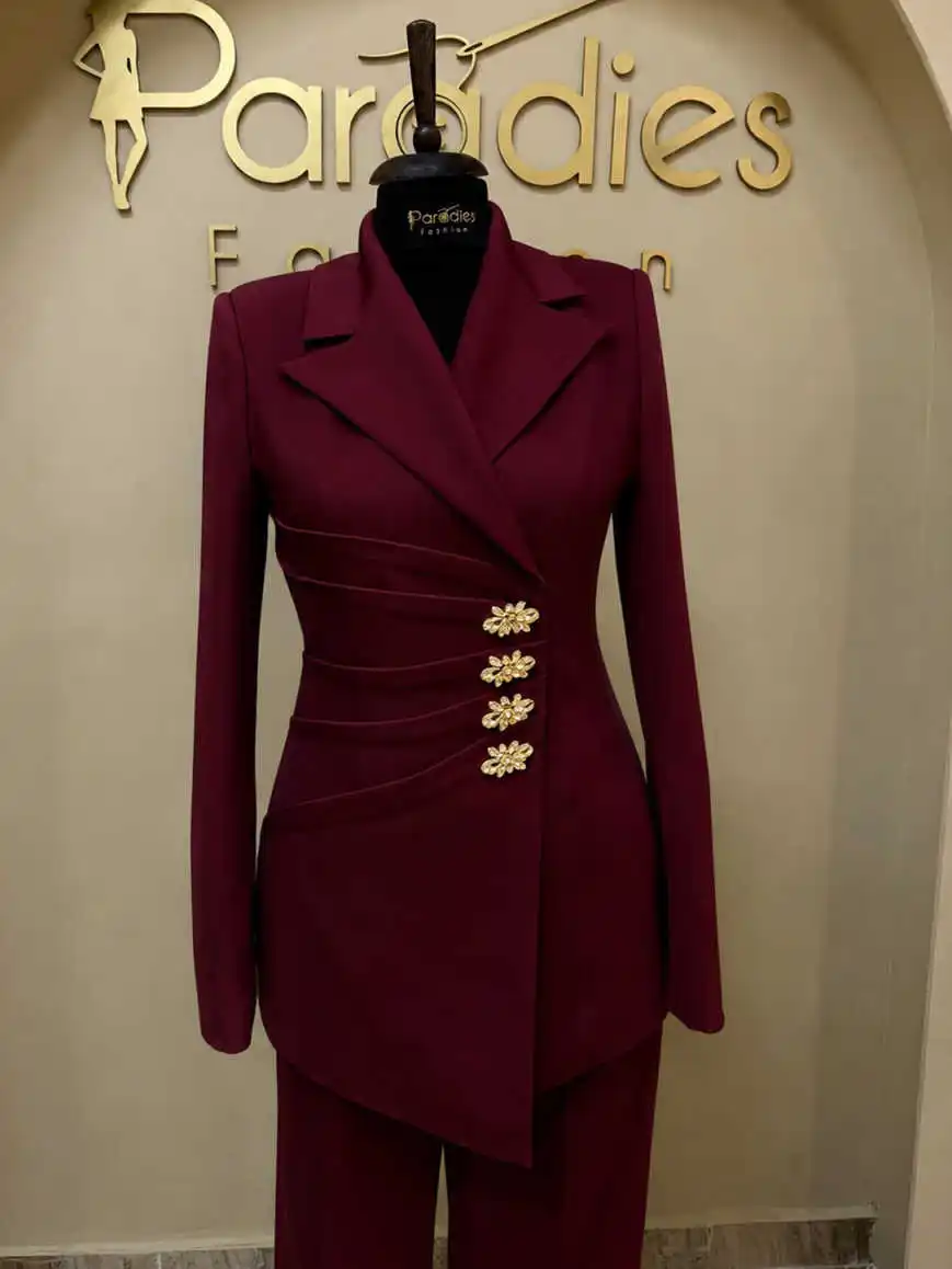 Elegant Women Two Piece Suit Notched Lapel Blazer Pleated Waist Floral Buttons Outfit Suitable For Dinner Party Customized