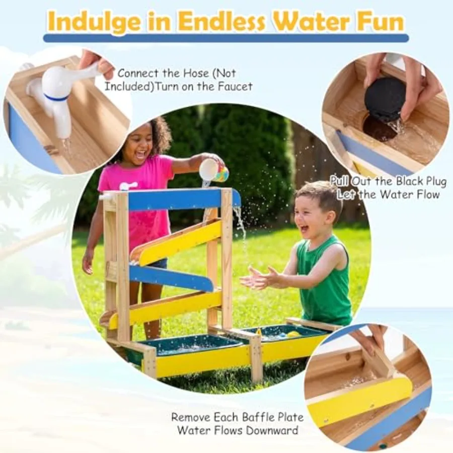 Outdoor kids activity playset for 3+: wooden sand and water table with 2 water basins, 2 plant pots, sailboat submarine toys, n