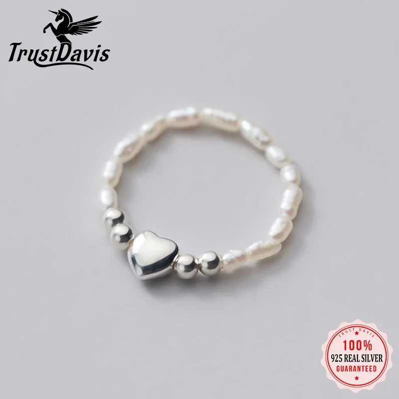 TrustDavis Real 925 Sterling Silver Sweet Irregular Pearl Heart Beads Elastic Rings For Women Wedding Party S925 Jewelry DA1308