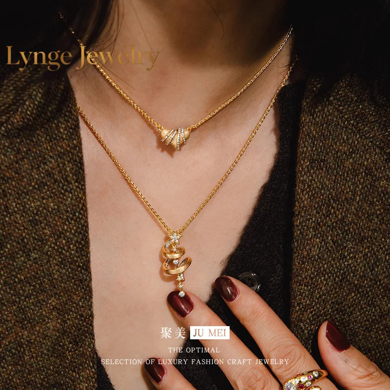

Lynge Jewelry Light luxury design vitage retro 24K real gold silk gold Christmas tree clavicle chain 9999 pure gold
