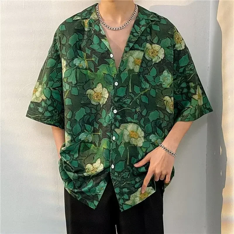 Green Print Shirts Men Vintage Summer Holiday Fashion Short Sleeve Unisex Teens Gothic Popular Ins Beach Clothing Thin Handsome