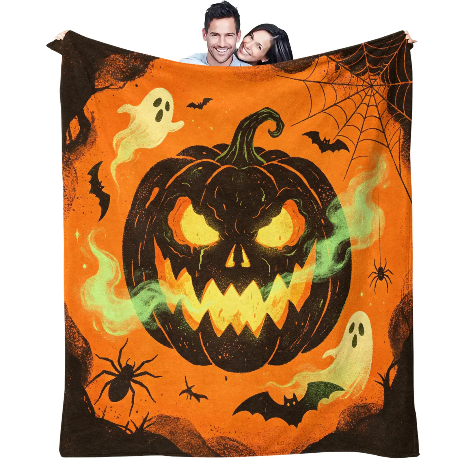 Halloween Flannel Throw Blanket Retro Scary Jack‑O'‑Lantern Ghost Bat Spider Web Print Lightweight Warm Sofa Couch Bed Blanket
