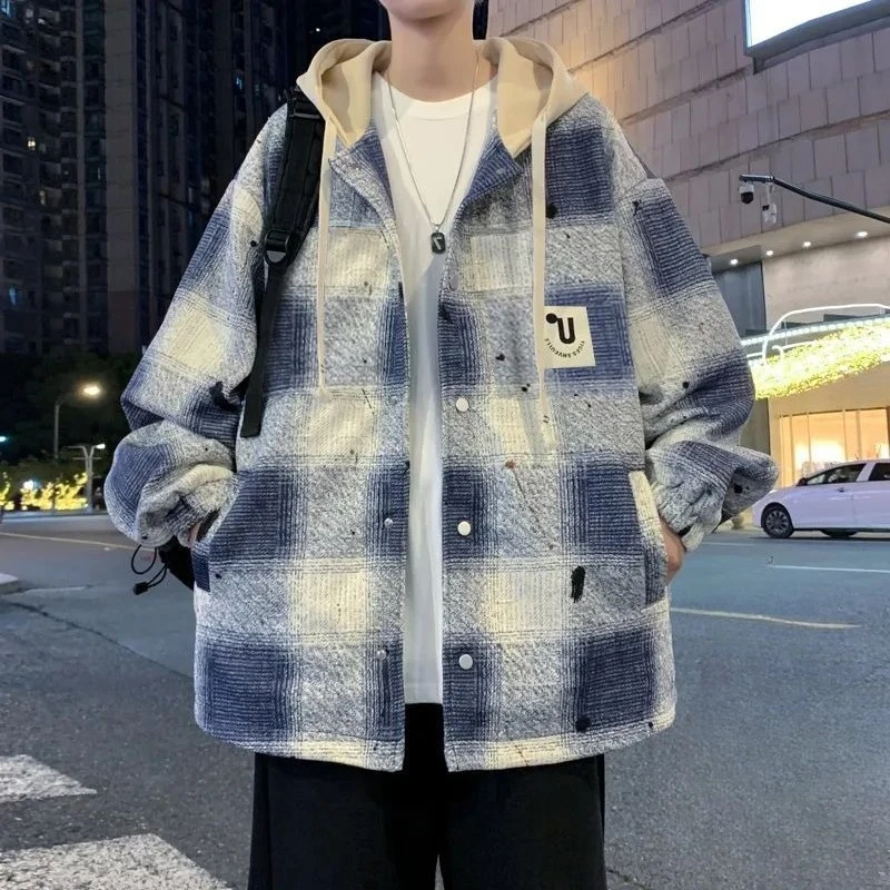 

Men's Plus Size Warm Fleece Lined Plaid Hooded Jacket Autumn Winter Street Style Baseball Coat Color Block Fashionable Outerwear