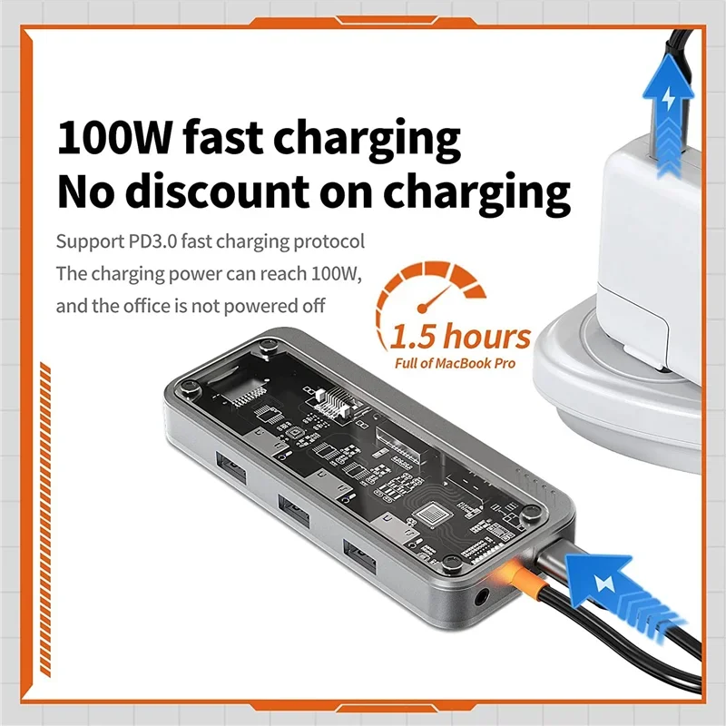 محطات إرساء الكمبيوتر المحمول 10 في 1 USB C لشاشات مزدوجة 100 وات PD شحن، RJ45، صوت