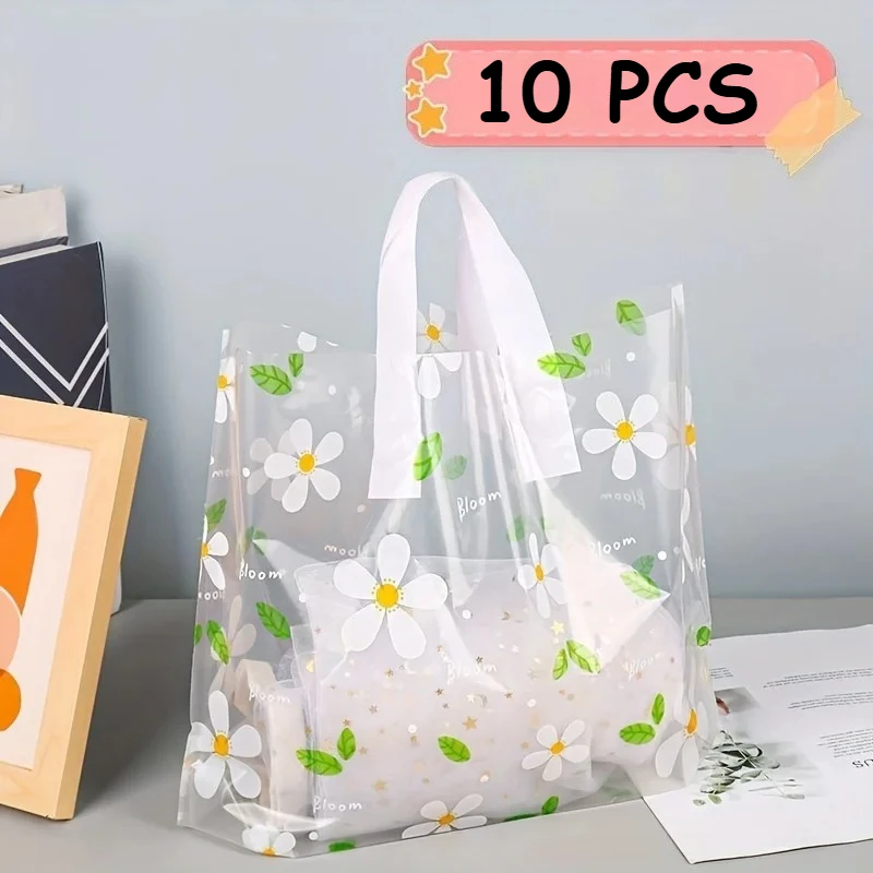10 Uds. Bolsa de mano transparente con flor de Margarita, bolsa de regalo de plástico, bolsa de compras portátil, bolsa de regalo práctica, bolsa de compras para tienda de ropa