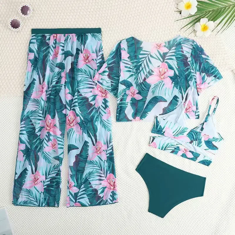 Girls 4 Pieces High Waist Bikini Sets with Beach Pants+Short Sleeve Tops Kids Swimsuit 8-12 Years Children Swimwear Bathing Suit view 2