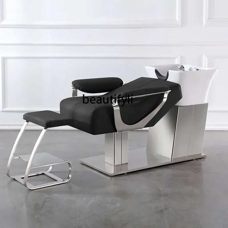 smt14 Toko Tukang Cukur Kursi Sampo Berbaring Setengah Keramik Baskom Tempat Tidur Perawatan Pijat Kepala Thailand Baja Tahan Karat