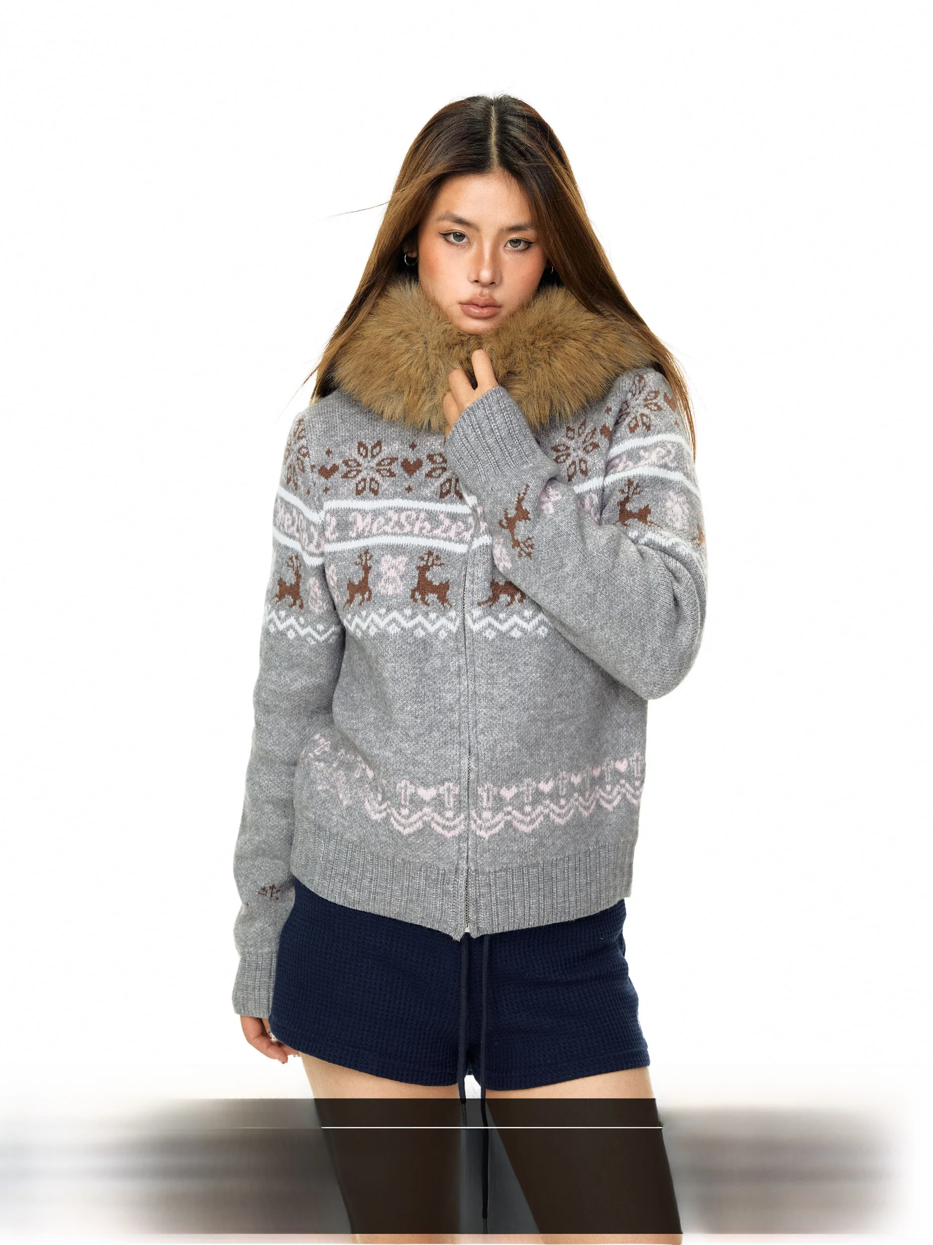 

Blackbb Fair Isle Deer Fur Collar Hooded Knitted Open Cardigan Women's Spring American Sweet Cool Lazy Loose Outerwear