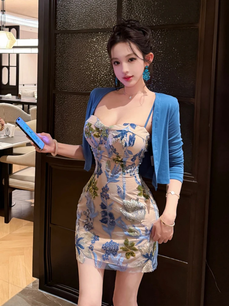 

Blue Lotus Floral Print Wrap Dress Women's Summer Fashion Set with Camisole Inner Wear Slim Fit French Style mid Sleeve Cardigan