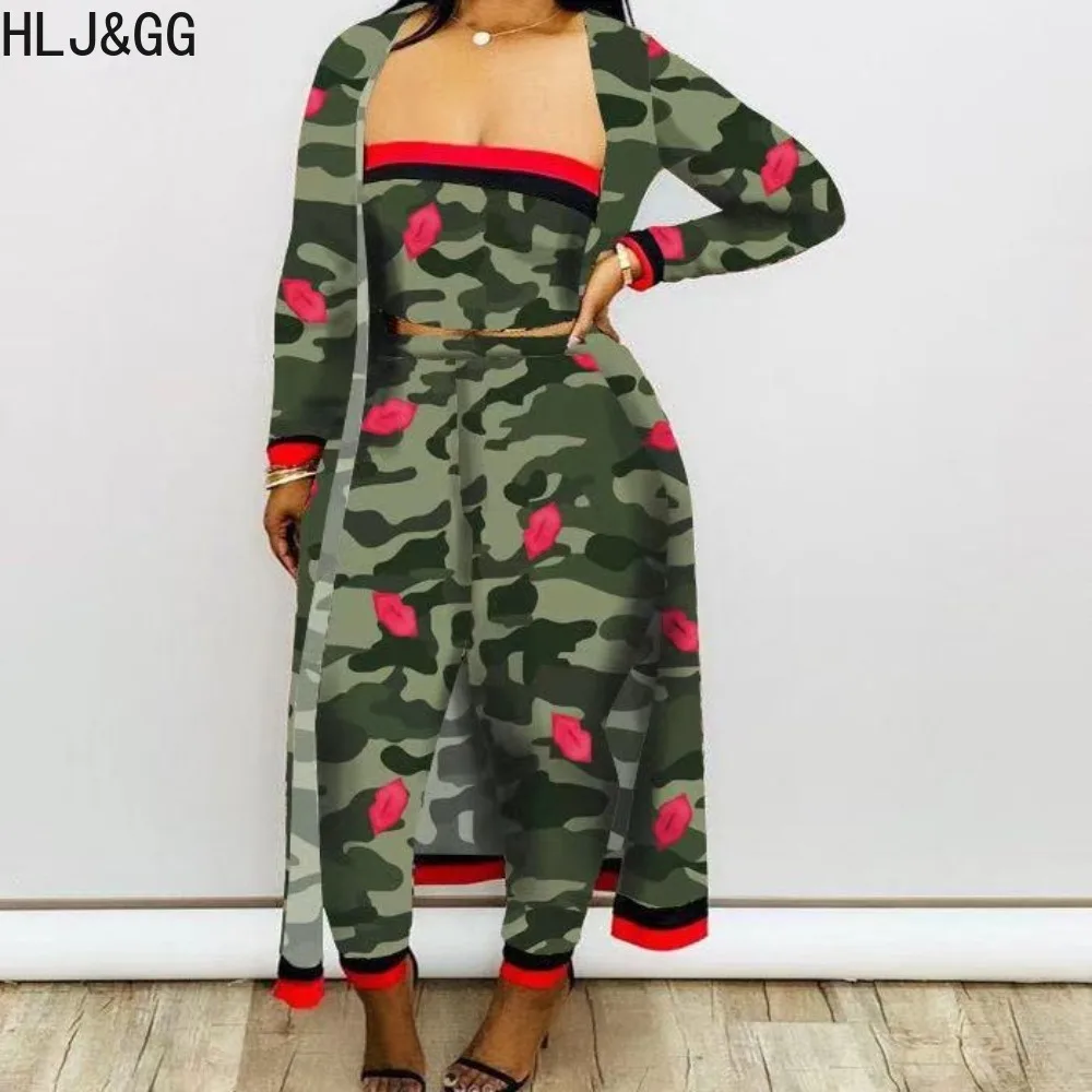 

HLJ&GG Autumn Casual Camouflage Printing 3 Piece Sets Women Tube+Long Sleeve Coats+Skinny Pants Outfits Female Matching Clothing