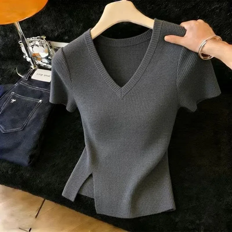 

Sueter Feminino Knitted Sweater Women Pullovers Summer Fashion Slit V-Neck Knit Sweater Pullover Women Tops Short Sleeve Q3757