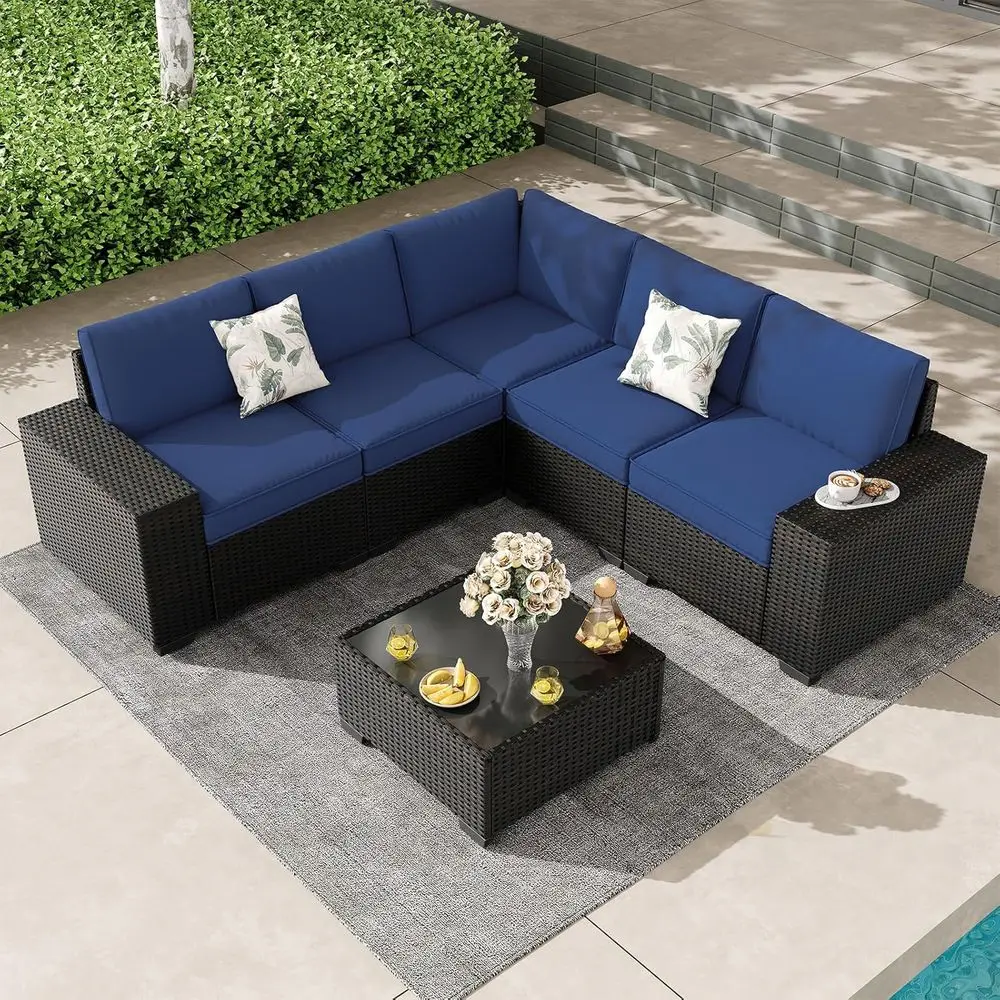 

6-Piece Outdoor Patio Furniture Set: Navy Sectional Sofa with Wide Armrests and Glass Coffee Table for Garden, Poolside Parties