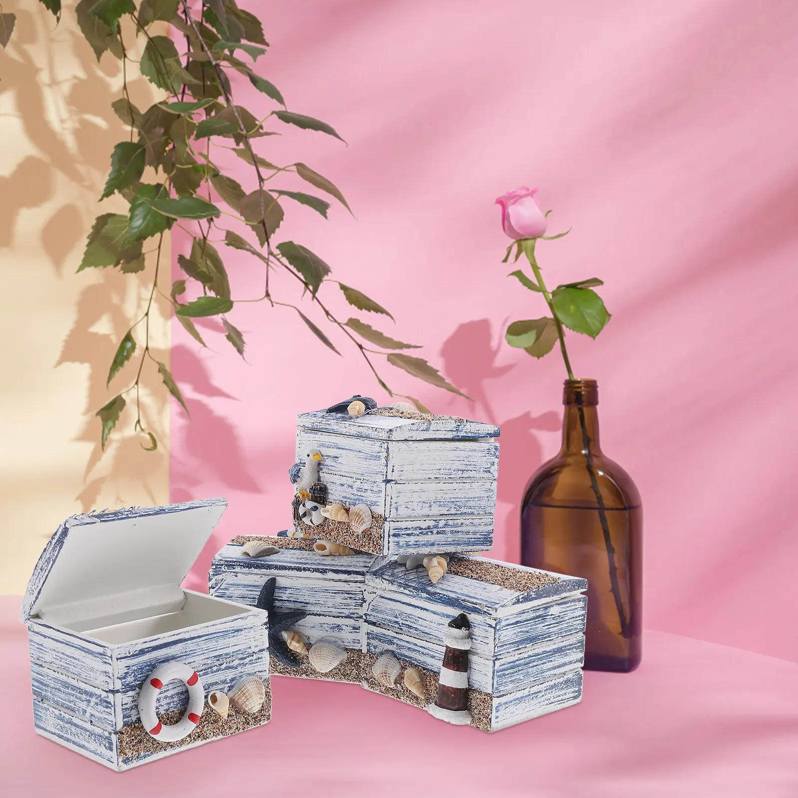 

4Pcs Ocean Themed Wooden Jewelry Box Fine Craft Resin Wood Material Lightweight Compact Desk Decor Bedroom Dresser Storage Case