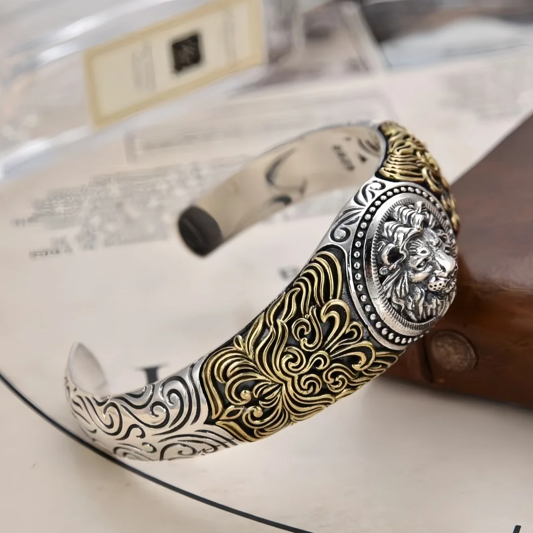 BOCAI  S925 Sterling Silver Charms Bangle for Men Women Antique Eternal Rattan Lion Hear Punk Bracelet Fine Choice Jewelry