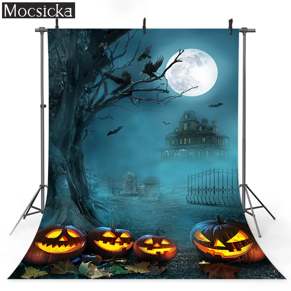 Halloween Background for Party Decor Pumpkin Lantern Cemetery Tombstone Grave Moon Birthday Photography Backdrop Photo Studio
