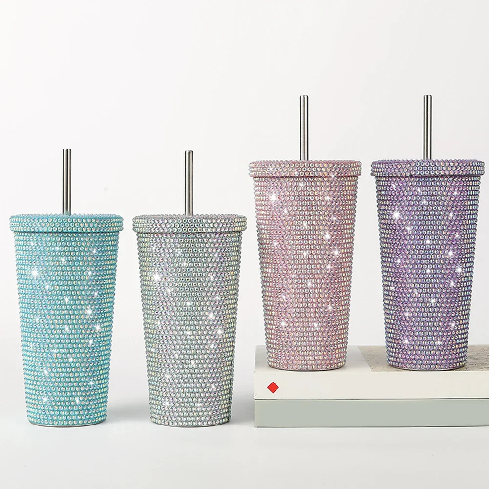 500ml Bling Diamond Thermos Bottles Portable Glitter Rhinestone Water Bottle Crossbody Stainless Steel Thermal Flask Straw Cup