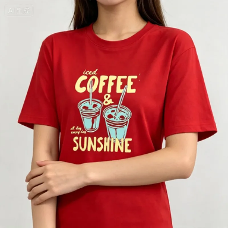 Coffee Lover Women 100% Cotton Tshirt Vintage Print Two Iced Coffee Cups Sunshine Quote Retro Letter Casual Tees