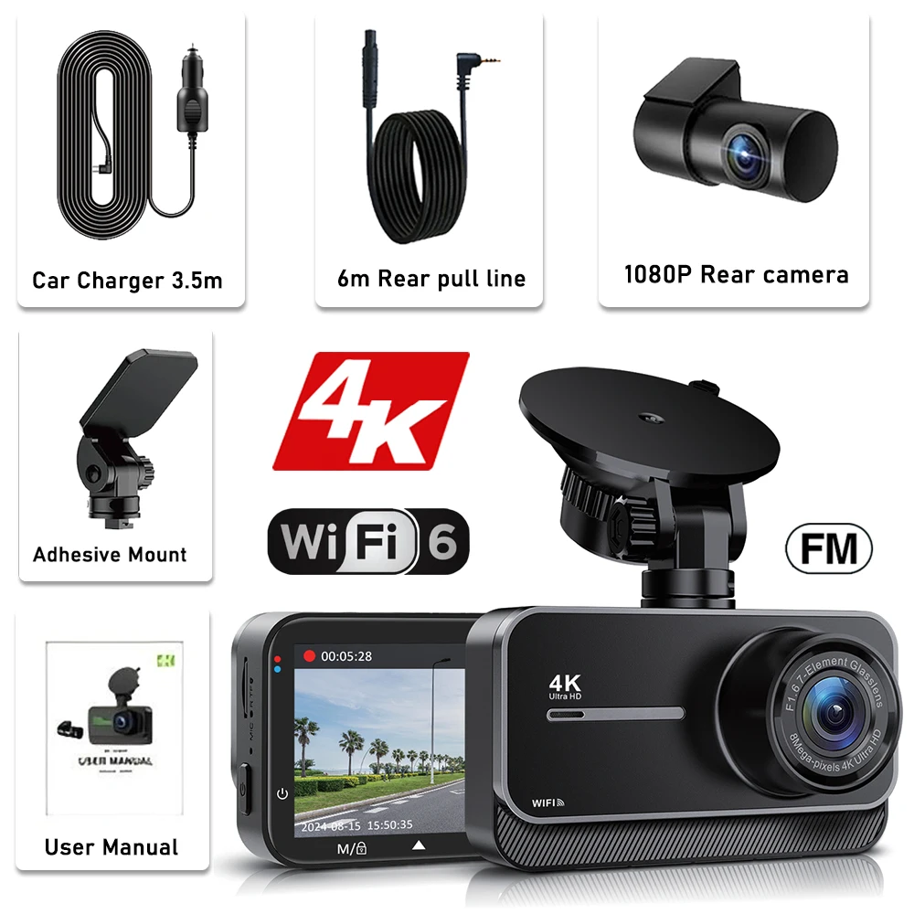 4K Dash Cam voor auto's Autocamera Dash Cam WIFI Camera voor auto Voor- en achter Dash Camera Black Box 24H Parkeermodus Recorder