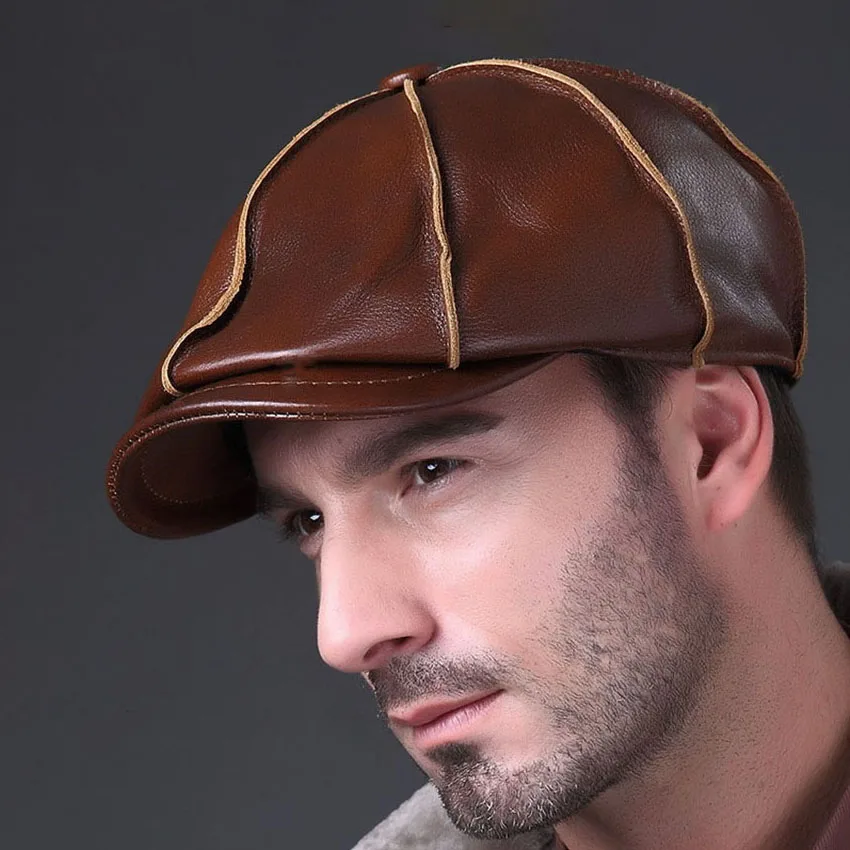 Autumn Winter Real Full Grain Cow Leather Octagonal Beret Cap For Men Outing Warm Retro Fashion Newsboy Hat Adjustable Visor