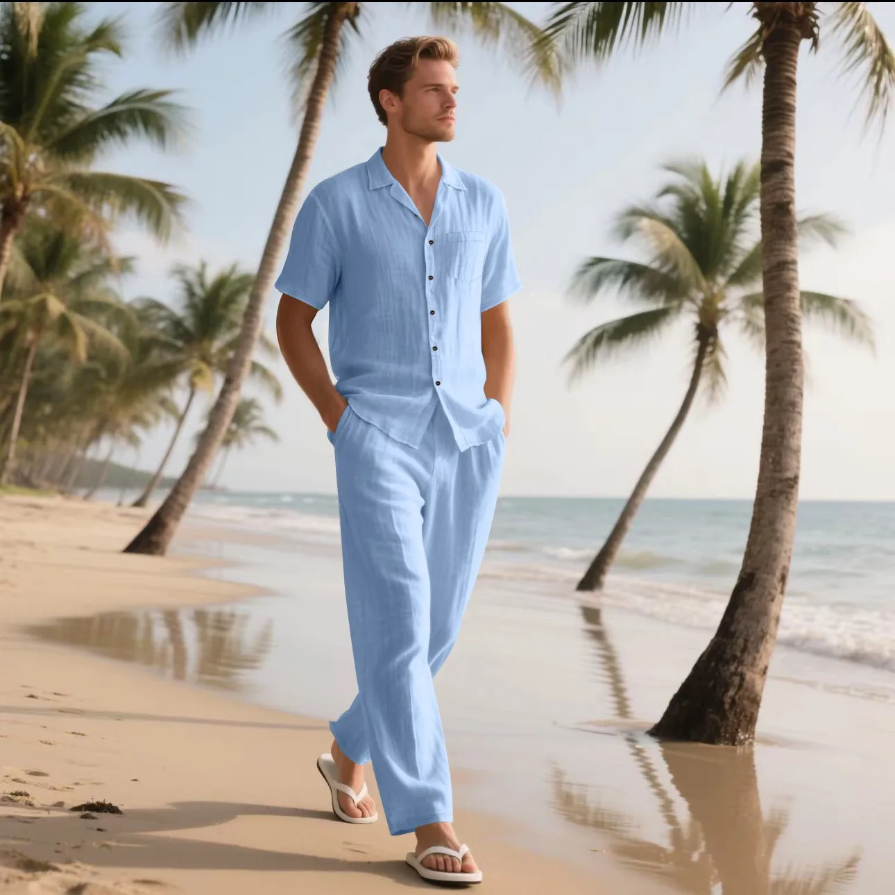 The 2025 Summer Beach Men's linen short-sleeved shirt set is a two-piece long pants set suitable fordaily casual beach vacations