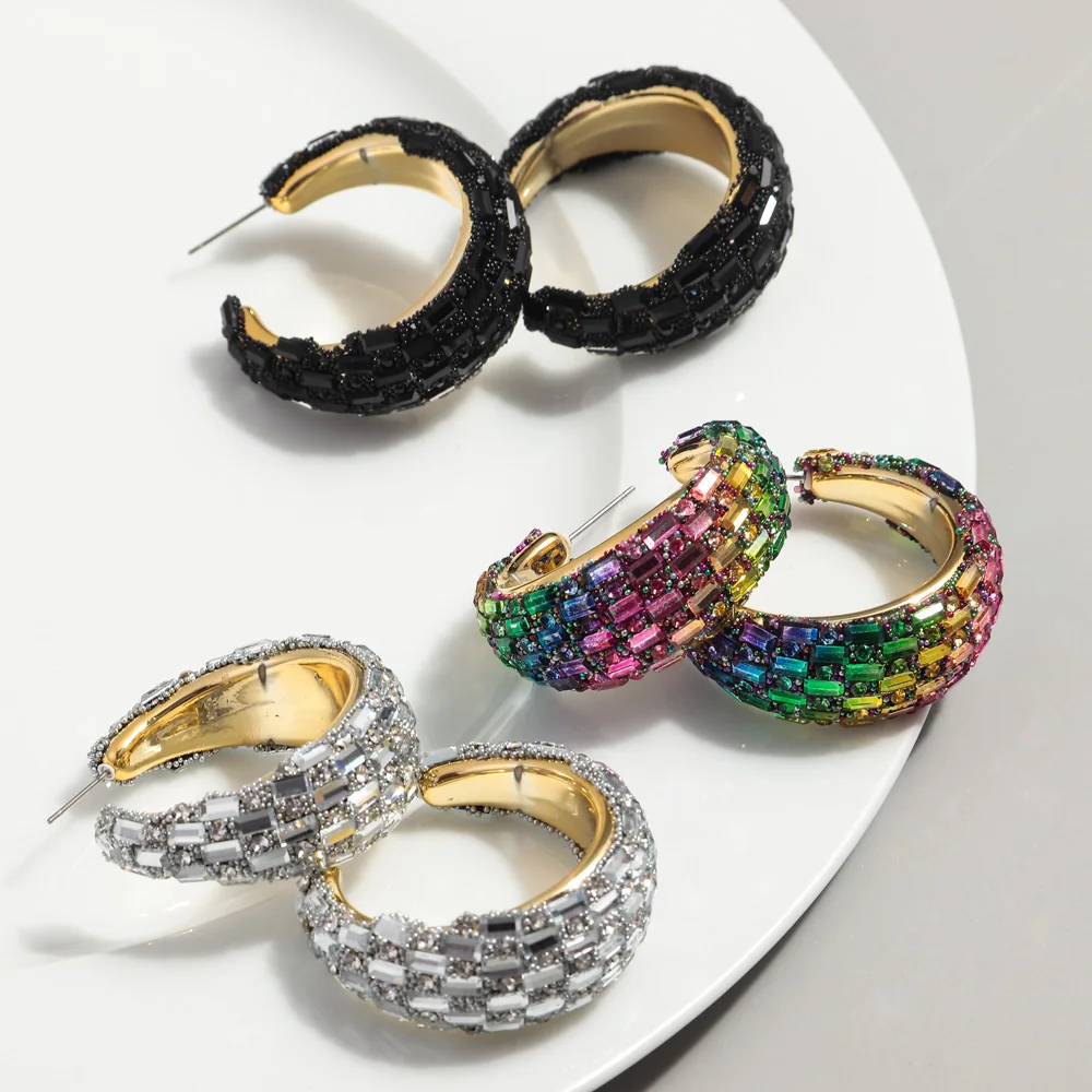 FishSheep Luxury C-Shape Crystal Hoop Earrings for Women Bohemian Colorful Acrylic Wide Hoops Fashion Party Jewelry