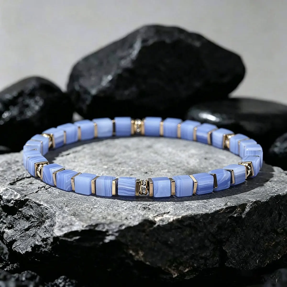 1pc Leisure blue patterned stone block bead bracelet, a natural stone anti sensitivity jewelry symbolizing inspiration, unisex