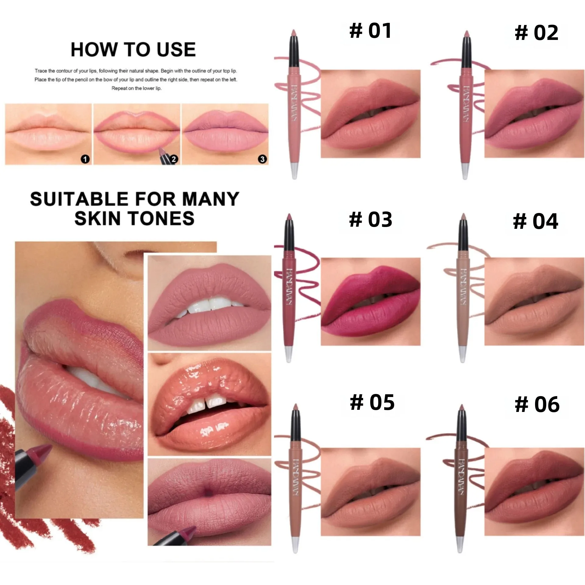 Penna per labbra opaca a 6 colori Matita per rossetto con texture super morbida Penna per trucco snellente per labbra precisa a lunga durata