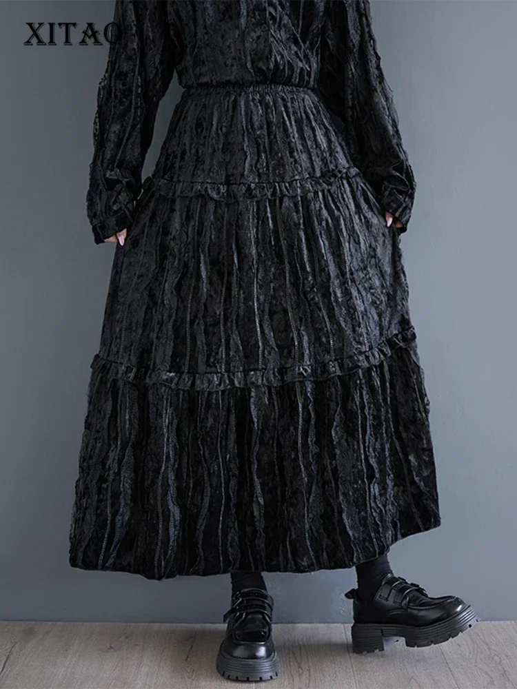 

XITAO Patchwork Vintage Lace Female Solid Color Skirt 2025 New Spring A-line Loose Women Loose Ankle Length Skirt GYX1075