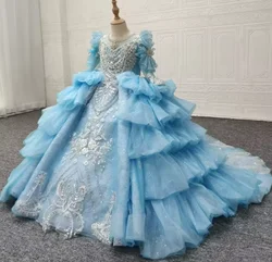 Luxury Blue Child Party Dress Beaded Lace Rhinestone Flower Girl Dresses Lace Up Back Pageant Gowns with Tail Size 1-14T