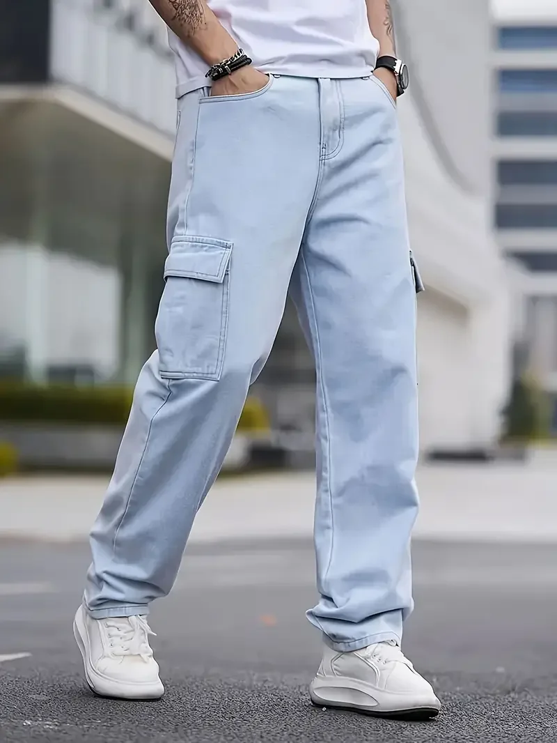 Men's Fashion Street Style Cropped Jeans, Cotton Blend, Non-Stretch, Solid Color, Loose Fit, Washed Denim, with Woven Fabric for