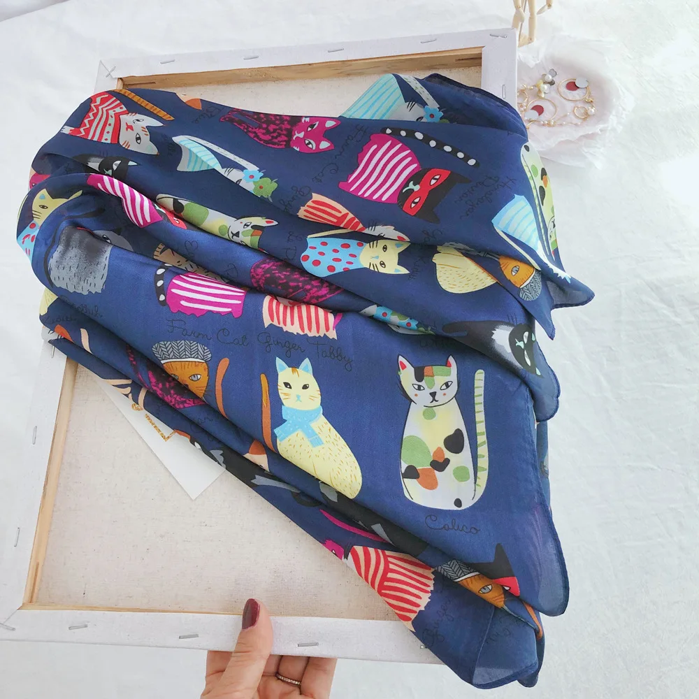 Luxury Brand 2025 New Fashion Summer Silk Square Scarf Women Cat P Satin Neck Hair Tie Band Beach Hijab Head Female Foulard image 6