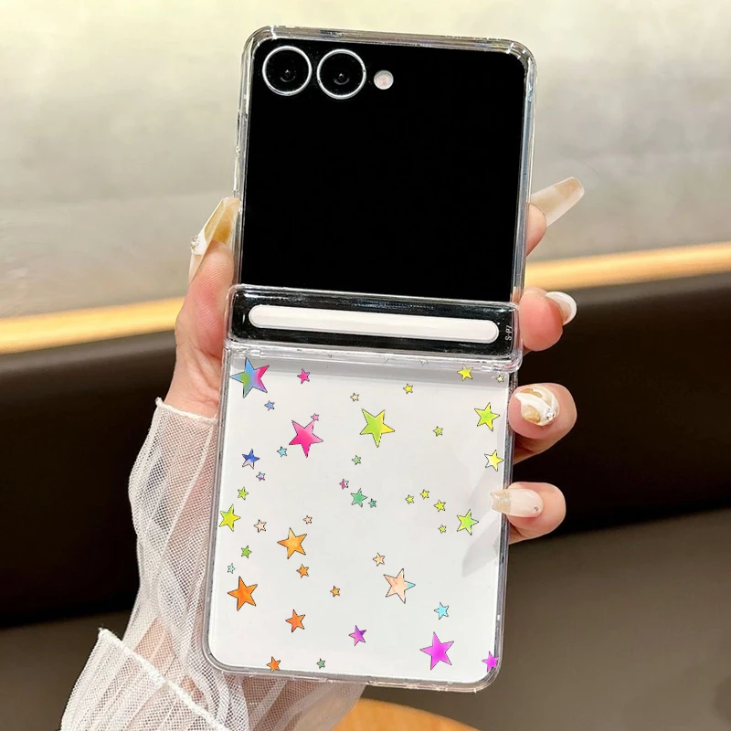 Magnetic Adsorption Clear Phone Case For Samsung Galaxy Z Flip7 Flip6 Flip5 Flip 7 FE 6 5 Small Star Pattern Folding Hard Cover