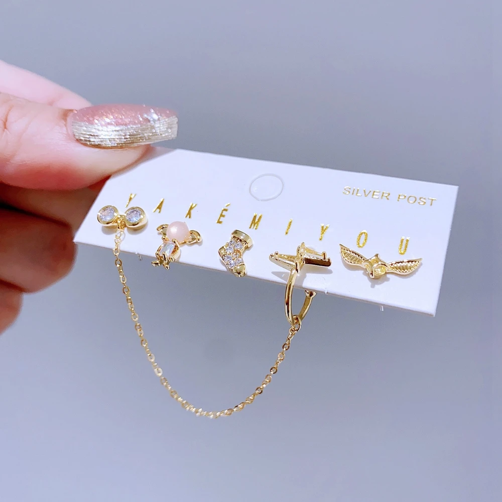 5pcs/set Mixed Cartoon Stud Earrings Gold Color Plated Cubic Zirconia Crystal Women Girls Jewellery