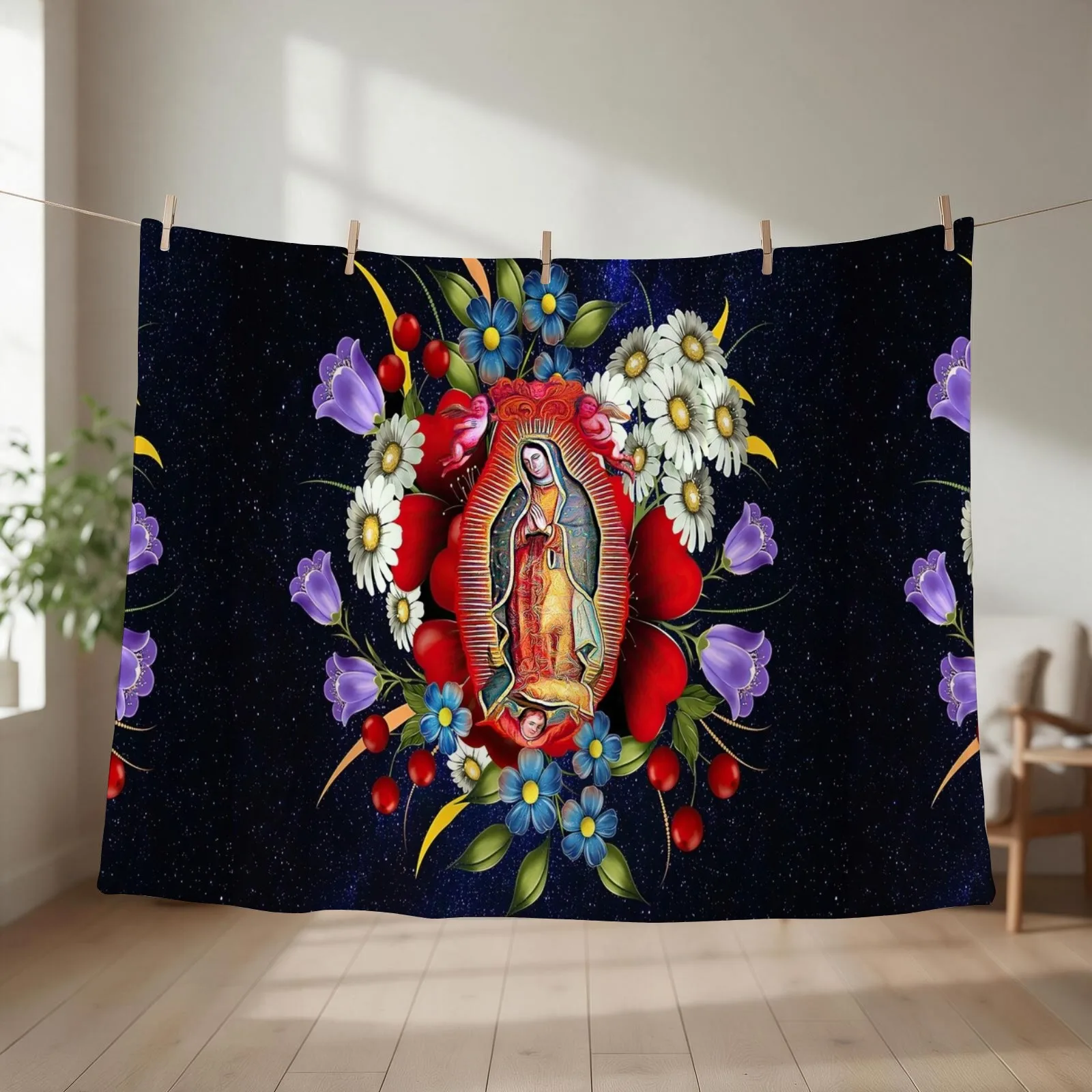 Our Lady of Guadalupe Mexican Virgin Mary Mexico Flowers Tilma Throw Blanket Sofa Quilt Hair for sofa warm for winter Blankets